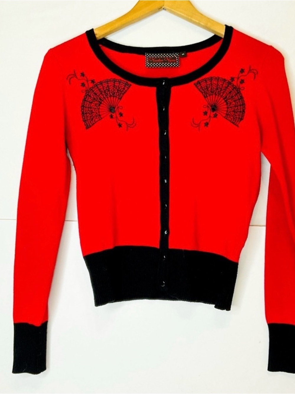 Voodoo Vixen Red Black Embroidered Fan Cardigan Size M Retro Pinup